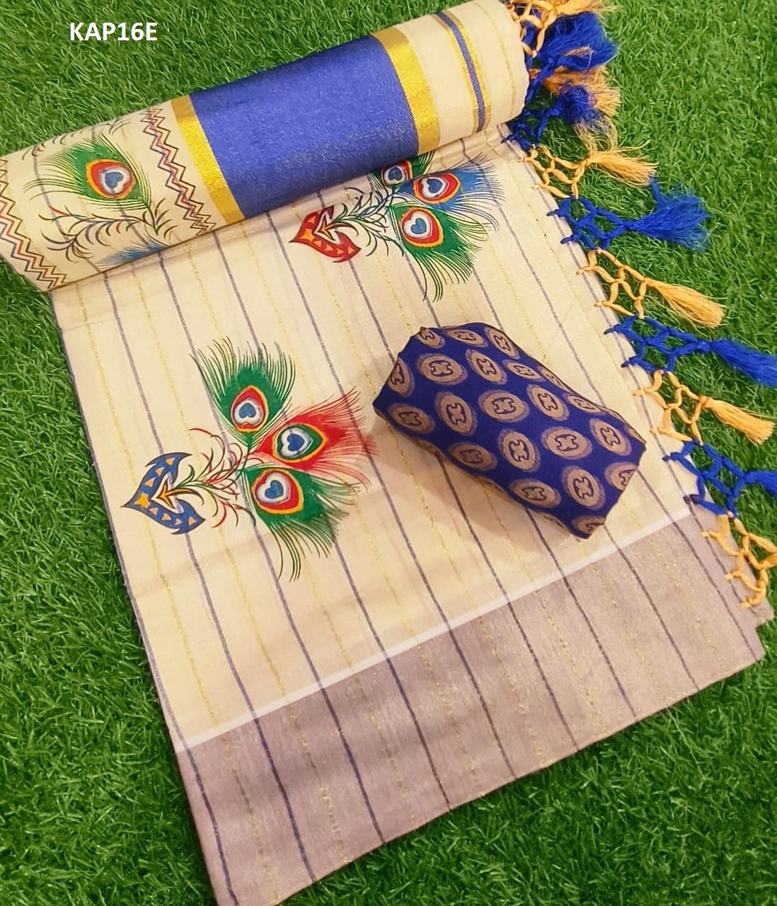 Kerala Mural printed Tissue kunjalam work saree with lines, with stitched blouse,Indian traditional women clothing,Handmade designs,Onam