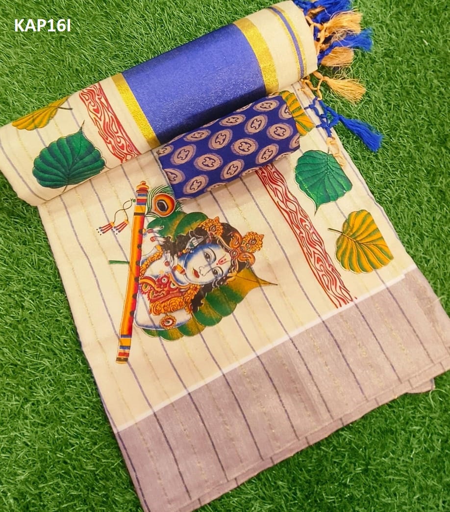 Kerala Mural printed Tissue kunjalam work saree with lines, with stitched blouse,Indian traditional women clothing,Handmade designs,Onam