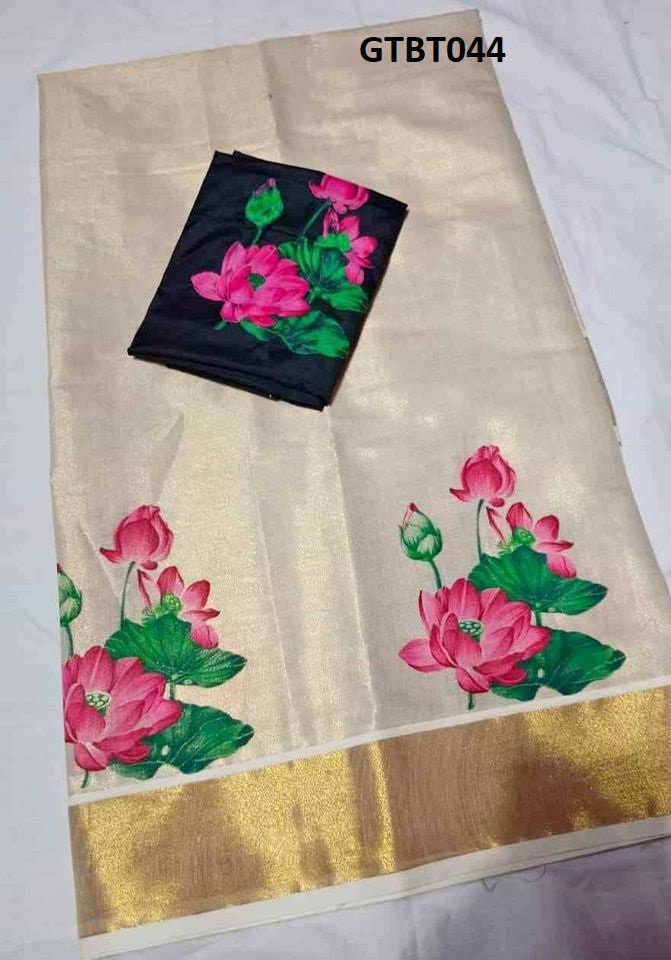 Onam Dress, Kerala Golden Tissue Fower printed Pattupavada, Stitched and Material Only, Traditional Girls clothing /Onam, Vishu, Birthday