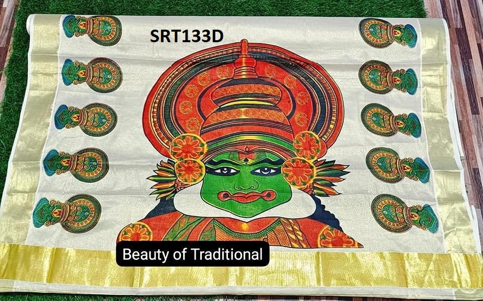Kerala Big mural Kathakali golden tissue saree 6.25mtr,Kerala Saree,Vishu Saree,Traditional Onam Saree ,Handmade Designs,Pooja,Festivals