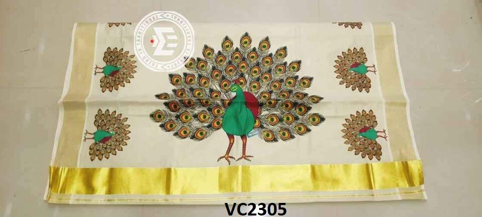 Kerala Golden Tissue Mural print Set Saree with Blouse Materiai,Indian traditional women clothing,Handmade designs,Onam,Vishu special