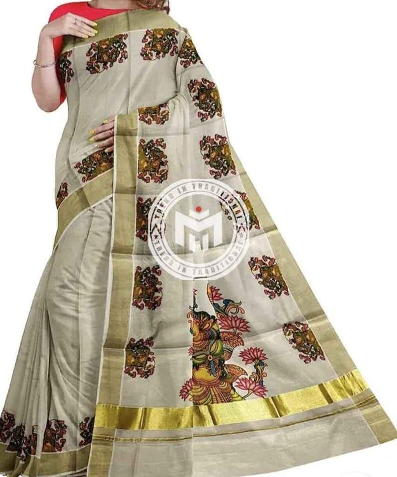 Kerala Golden Tissue Mural print Set Saree with Blouse Materiai,Indian traditional women clothing,Handmade designs,Onam,Vishu special