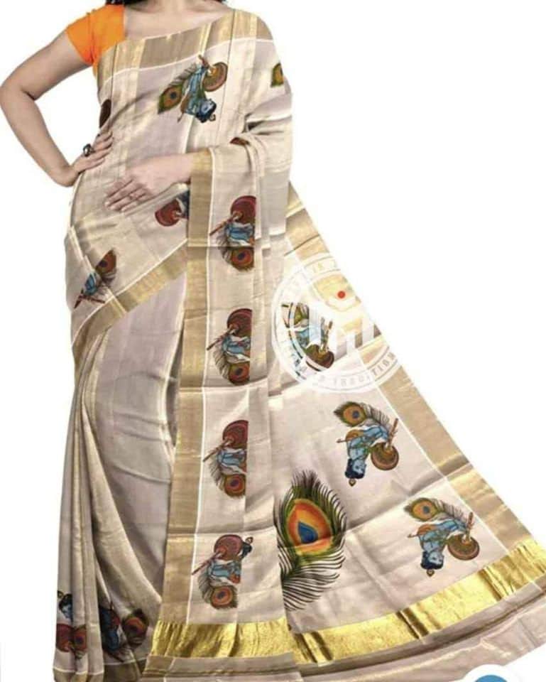Kerala Golden Tissue Mural print Set Saree with Blouse Materiai,Indian traditional women clothing,Handmade designs,Onam,Vishu special