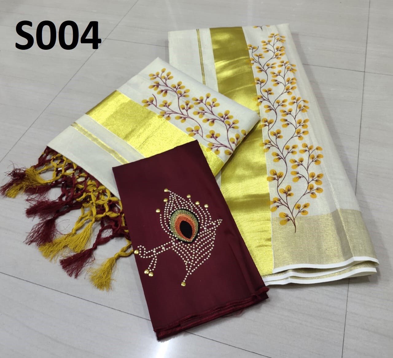 Kerala Kanikkonna Tissue Set Mundu with Ready to wear Blouse or Blouse Material With kunjanam Vishu Onam festival clothing Hand design