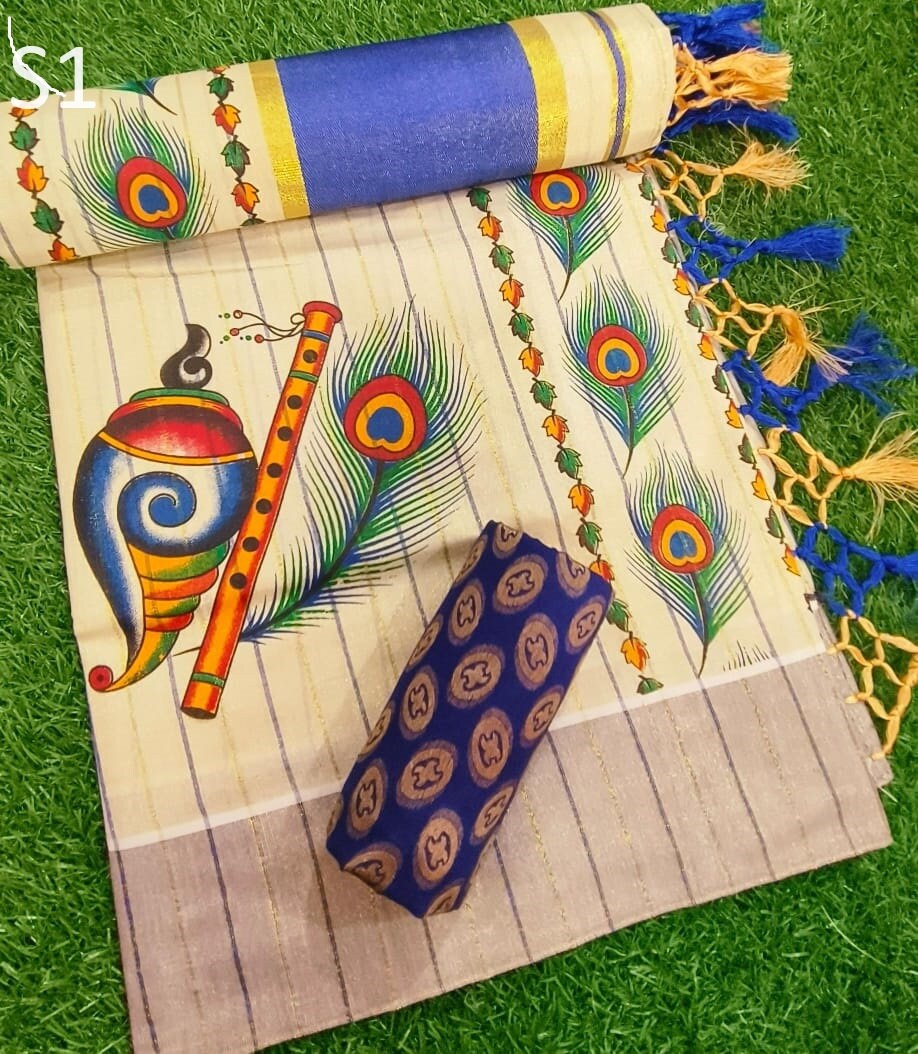 Kerala Traditional Golden Tissue Kunchalam Saree with lines with stitched Blouse or Blouse Material / Indian Saree, Kerala Saree