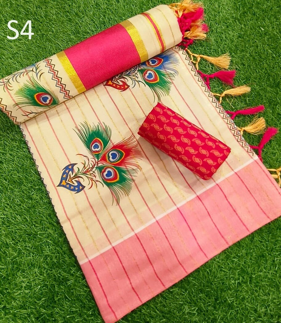 Kerala Traditional Golden Tissue Kunchalam Saree with lines with stitched Blouse or Blouse Material / Indian Saree, Kerala Saree