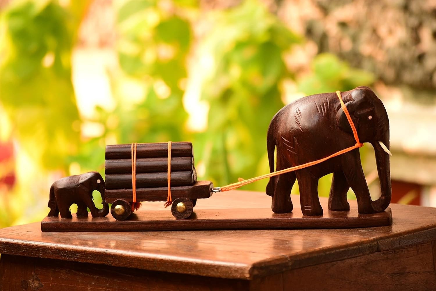Wood cart Elephant with Baby ,Log pulling Elephant,Wooden