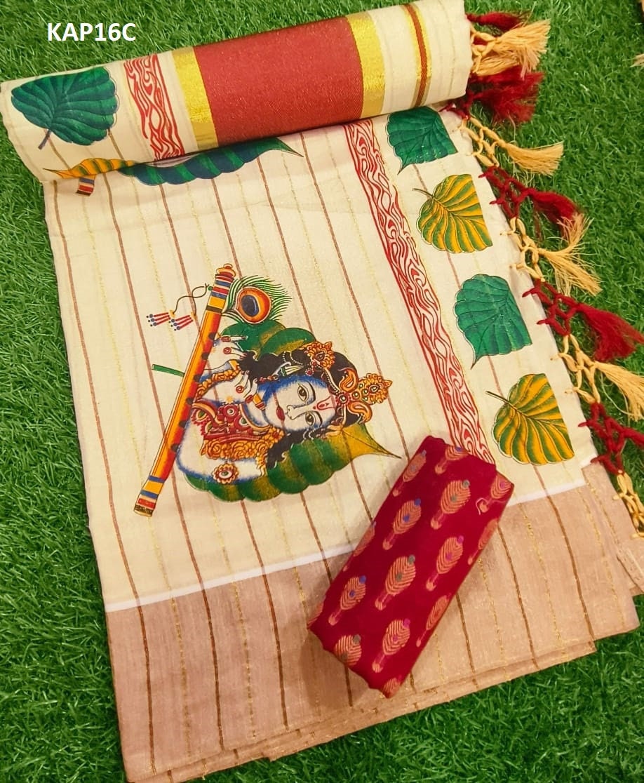 Kerala Mural printed Tissue kunjalam work saree with lines, with stitched blouse,Indian traditional women clothing,Handmade designs,Onam