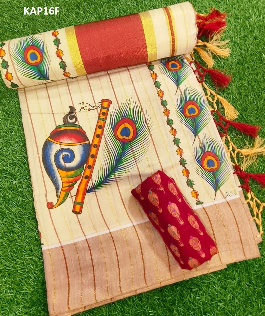 Kerala Mural printed Tissue kunjalam work saree with lines, with stitched blouse,Indian traditional women clothing,Handmade designs,Onam
