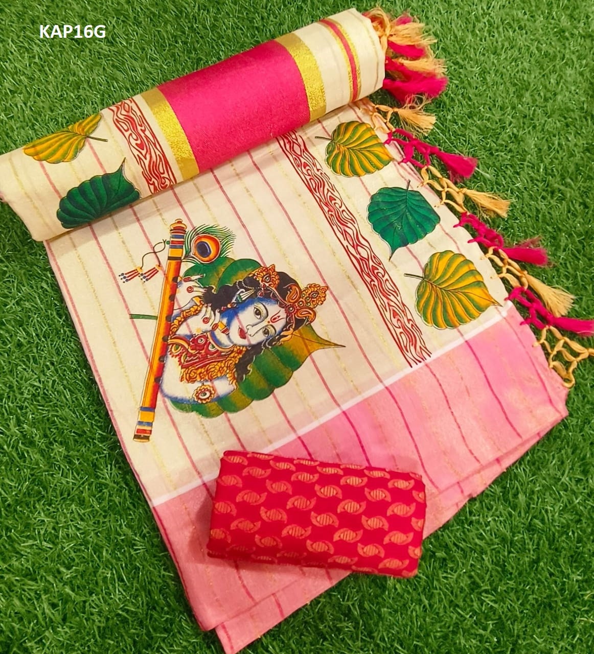 Kerala Mural printed Tissue kunjalam work saree with lines, with stitched blouse,Indian traditional women clothing,Handmade designs,Onam