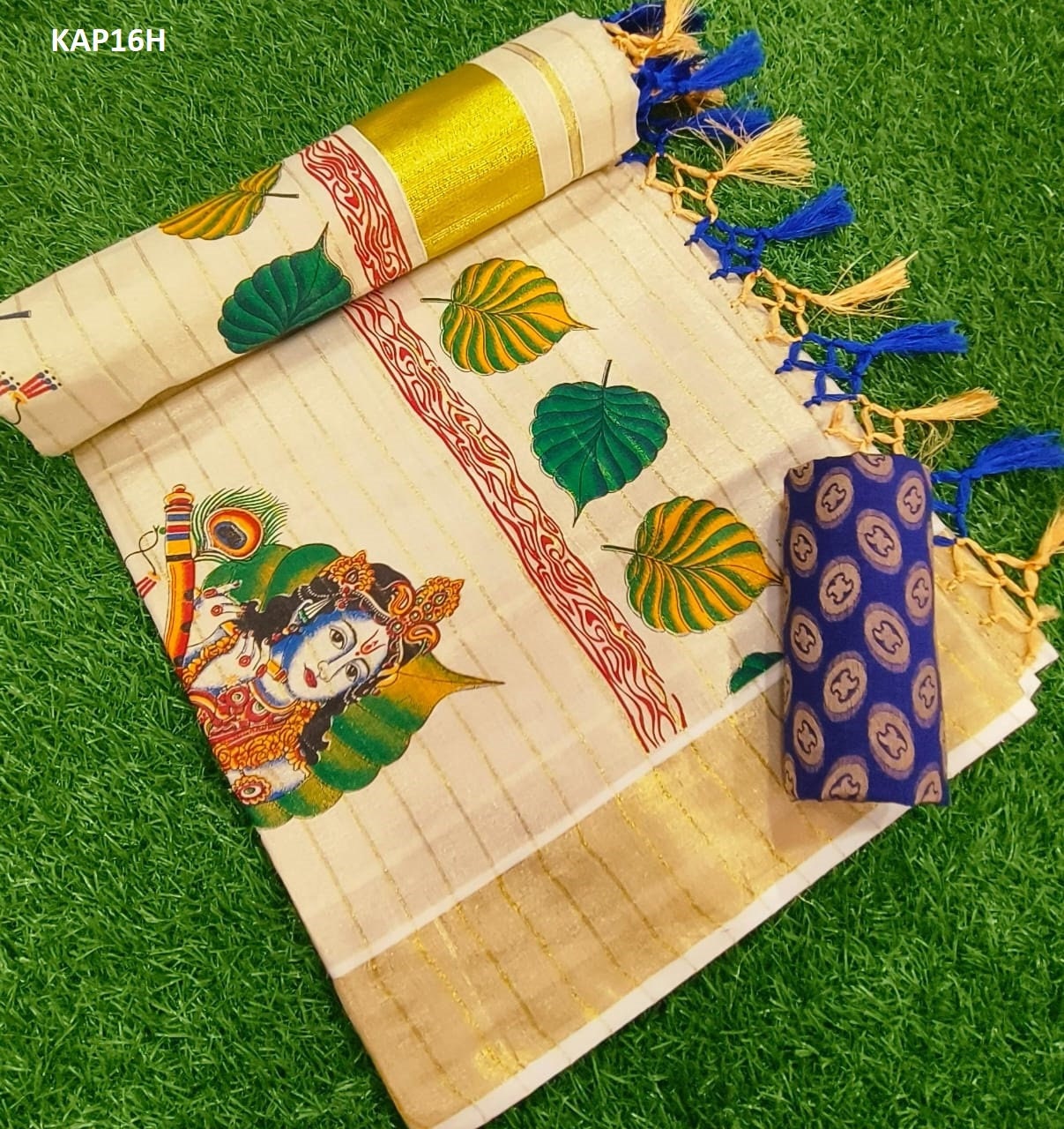Kerala Mural printed Tissue kunjalam work saree with lines, with stitched blouse,Indian traditional women clothing,Handmade designs,Onam