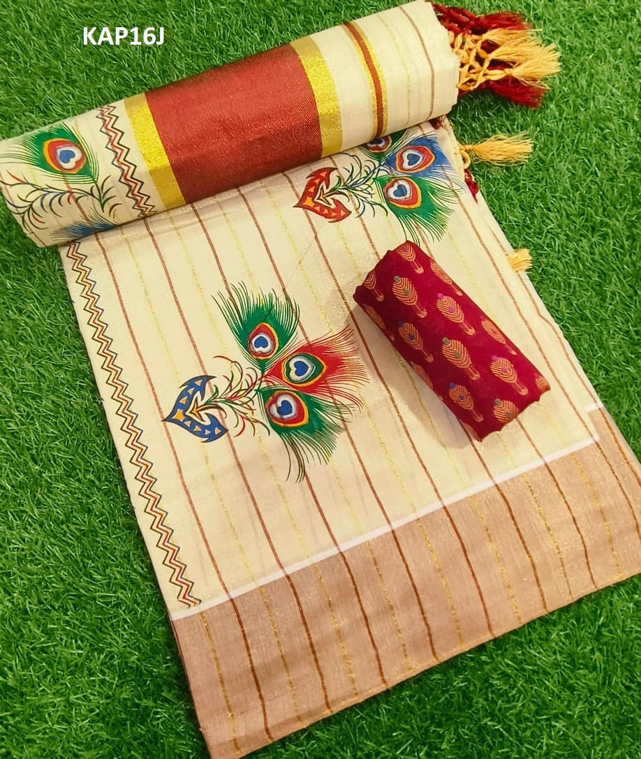 Kerala Mural printed Tissue kunjalam work saree with lines, with stitched blouse,Indian traditional women clothing,Handmade designs,Onam