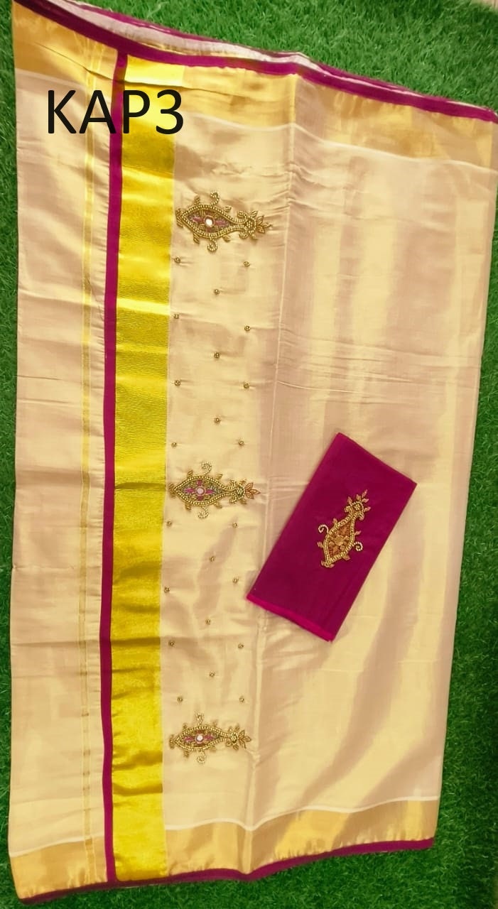 Kerala Golden Tissue Piping Hand Work Set Sarees.6.25+1 Mtr Blouse,Kerala Saree,Vishu,Onam,Handmade Designs,Traditional, Occassions Wear
