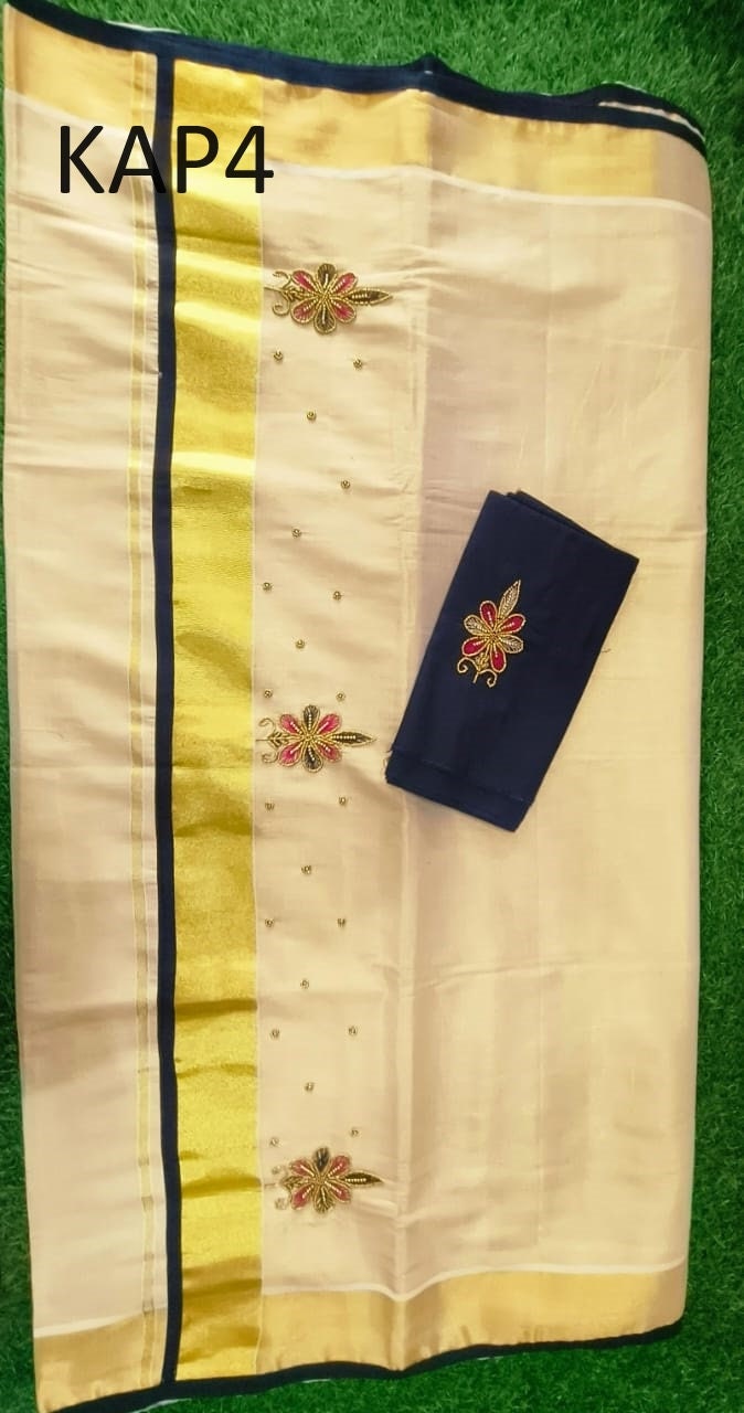 Kerala Golden Tissue Piping Hand Work Set Sarees.6.25+1 Mtr Blouse,Kerala Saree,Vishu,Onam,Handmade Designs,Traditional, Occassions Wear