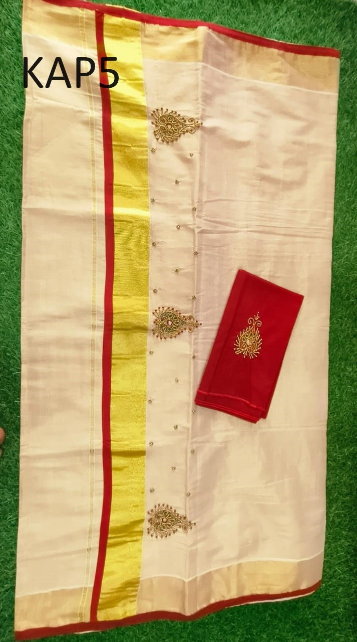 Kerala Golden Tissue Piping Hand Work Set Sarees.6.25+1 Mtr Blouse,Kerala Saree,Vishu,Onam,Handmade Designs,Traditional, Occassions Wear