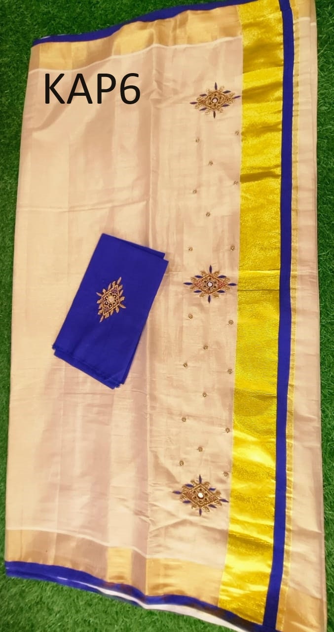 Kerala Golden Tissue Piping Hand Work Set Sarees.6.25+1 Mtr Blouse,Kerala Saree,Vishu,Onam,Handmade Designs,Traditional, Occassions Wear