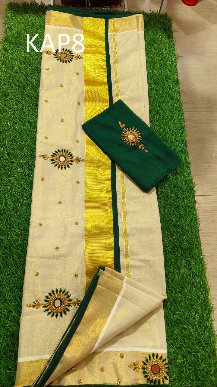 Kerala Golden Tissue Piping Hand Work Set Sarees.6.25+1 Mtr Blouse,Kerala Saree,Vishu,Onam,Handmade Designs,Traditional, Occassions Wear