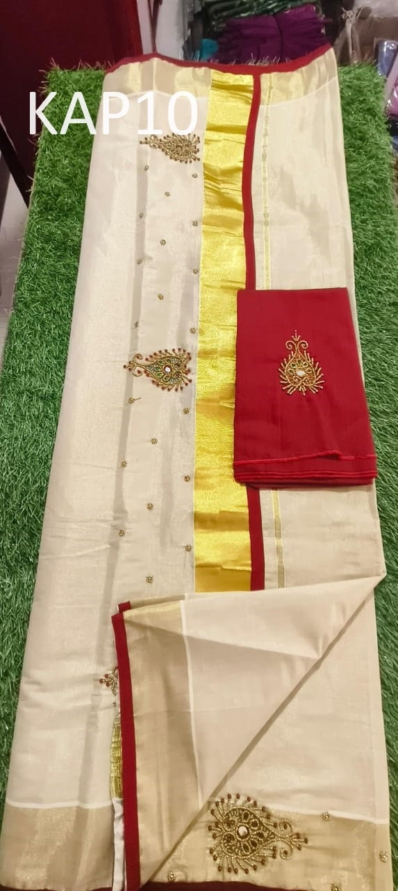 Kerala Golden Tissue Piping Hand Work Set Sarees.6.25+1 Mtr Blouse,Kerala Saree,Vishu,Onam,Handmade Designs,Traditional, Occassions Wear