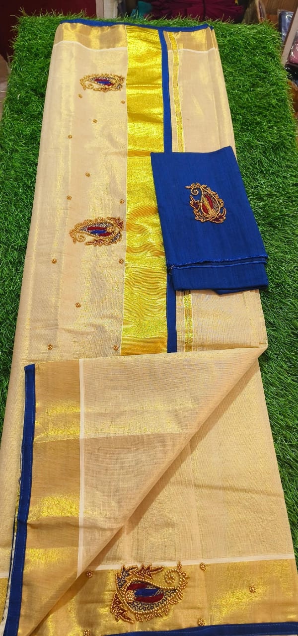 Kerala Golden Tissue Piping Hand Work Set Sarees.6.25+1 Mtr Blouse,Kerala Saree,Vishu,Onam,Handmade Designs,Traditional, Occassions Wear