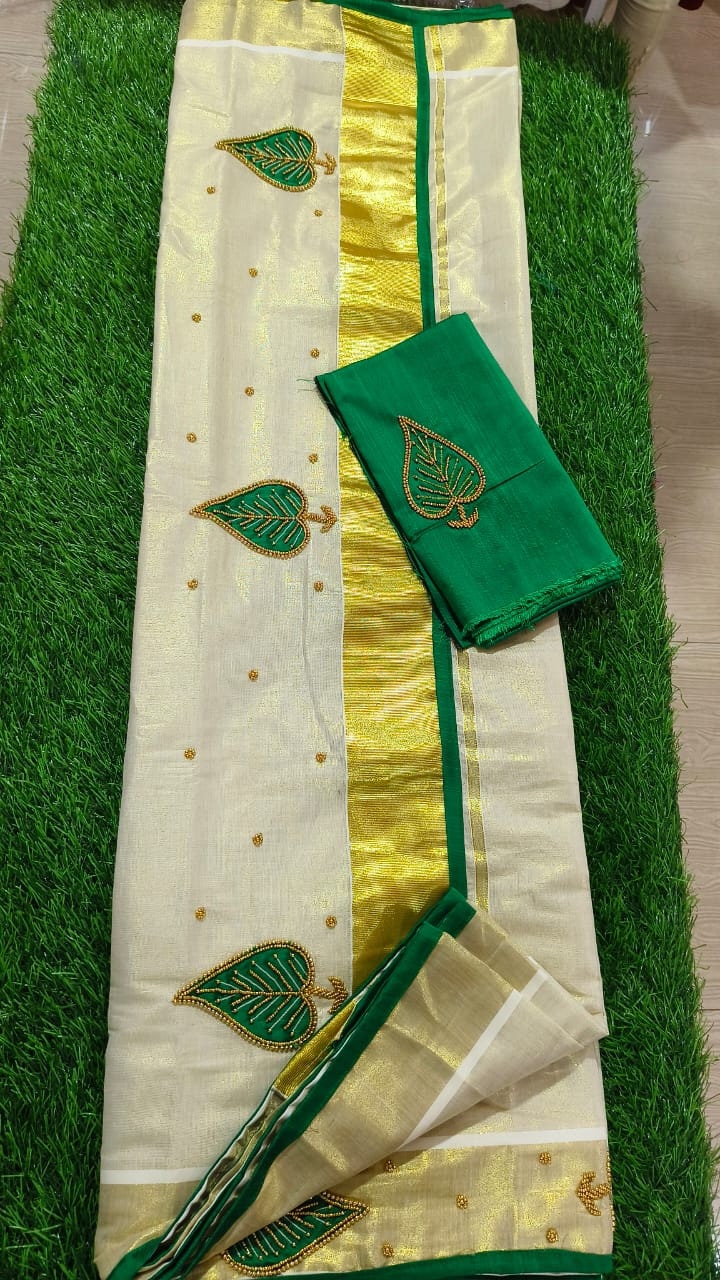 Kerala Golden Tissue Piping Hand Work Set Sarees.6.25+1 Mtr Blouse,Kerala Saree,Vishu,Onam,Handmade Designs,Traditional, Occassions Wear