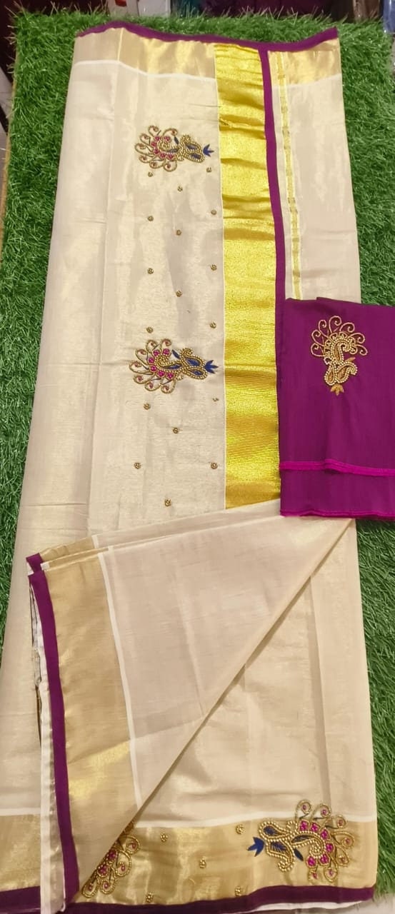 Kerala Golden Tissue Piping Hand Work Set Sarees.6.25+1 Mtr Blouse,Kerala Saree,Vishu,Onam,Handmade Designs,Traditional, Occassions Wear