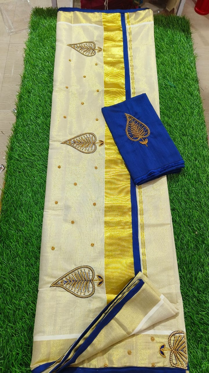 Kerala Golden Tissue Piping Hand Work Set Sarees.6.25+1 Mtr Blouse,Kerala Saree,Vishu,Onam,Handmade Designs,Traditional, Occassions Wear
