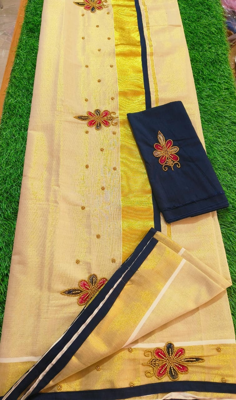 Kerala Golden Tissue Piping Hand Work Set Sarees.6.25+1 Mtr Blouse,Kerala Saree,Vishu,Onam,Handmade Designs,Traditional, Occassions Wear