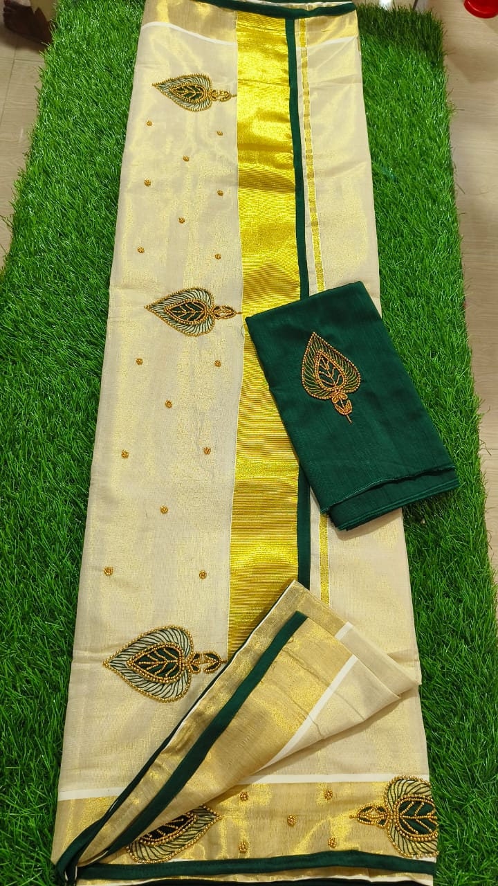 Kerala Golden Tissue Piping Hand Work Set Sarees.6.25+1 Mtr Blouse,Kerala Saree,Vishu,Onam,Handmade Designs,Traditional, Occassions Wear