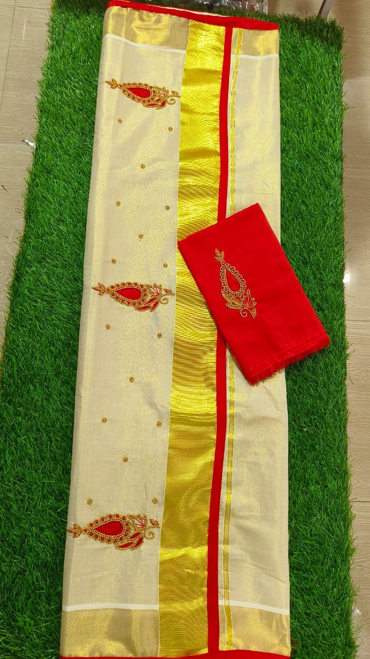 Kerala Golden Tissue Piping Hand Work Set Sarees.6.25+1 Mtr Blouse,Kerala Saree,Vishu,Onam,Handmade Designs,Traditional, Occassions Wear