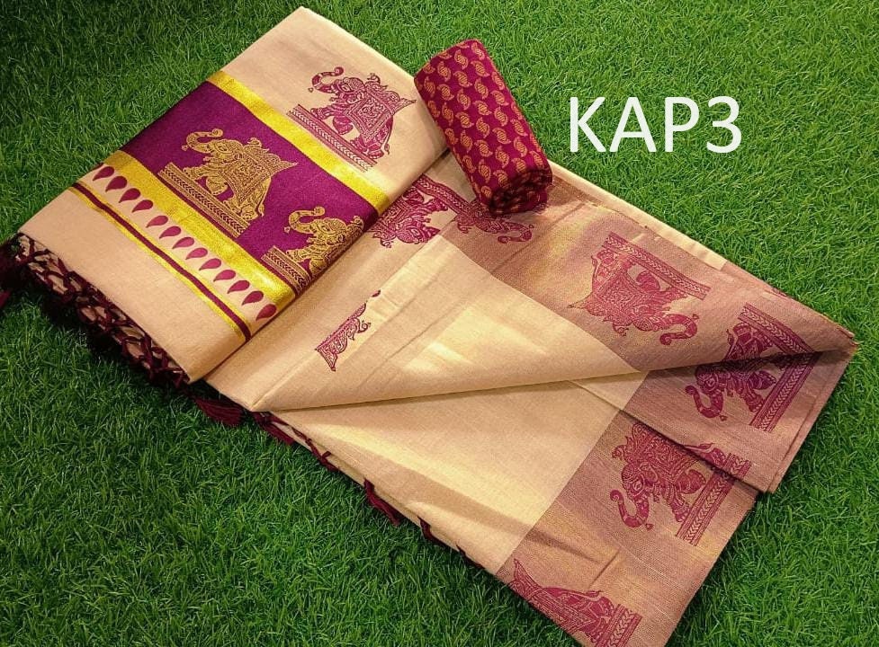 Kerala Traditional Golden Tissue Kunchalam Elephant print Saree with stitched Blouse or Blouse Material Indian Saree Onam,vishu,Festival