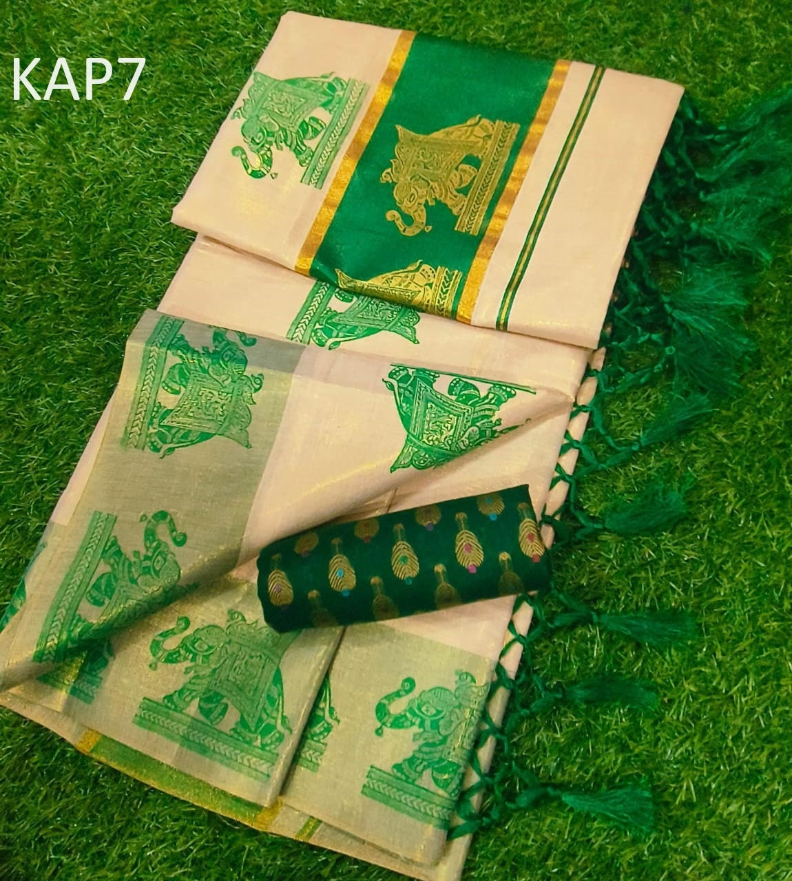 Kerala Traditional Golden Tissue Kunchalam Elephant print Saree with stitched Blouse or Blouse Material Indian Saree Onam,vishu,Festival