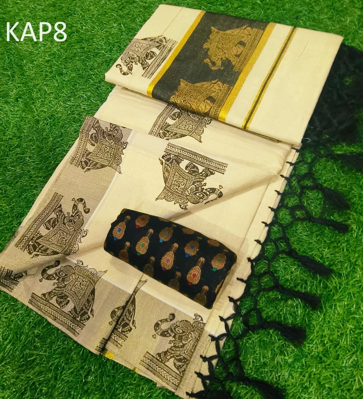 Kerala Traditional Golden Tissue Kunchalam Elephant print Saree with stitched Blouse or Blouse Material Indian Saree Onam,vishu,Festival