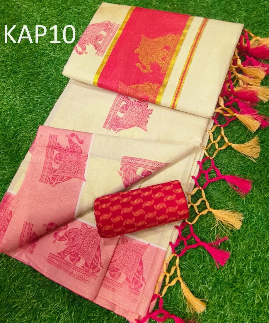 Kerala Traditional Golden Tissue Kunchalam Elephant print Saree with stitched Blouse or Blouse Material Indian Saree Onam,vishu,Festival