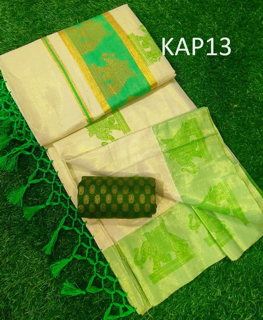 Kerala Traditional Golden Tissue Kunchalam Elephant print Saree with stitched Blouse or Blouse Material Indian Saree Onam,vishu,Festival