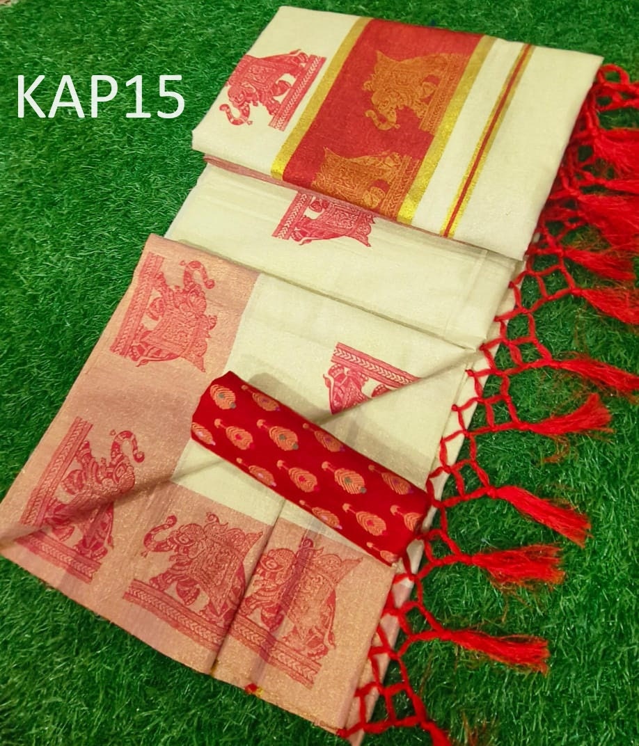 Kerala Traditional Golden Tissue Kunchalam Elephant print Saree with stitched Blouse or Blouse Material Indian Saree Onam,vishu,Festival