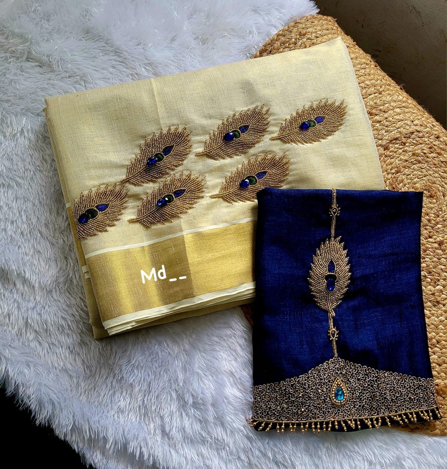 Kerala Golden Tissue saree with handwork on front neck and designer Blouse piece, Kerala Onam Saree festive occasions, marriage Occasions.