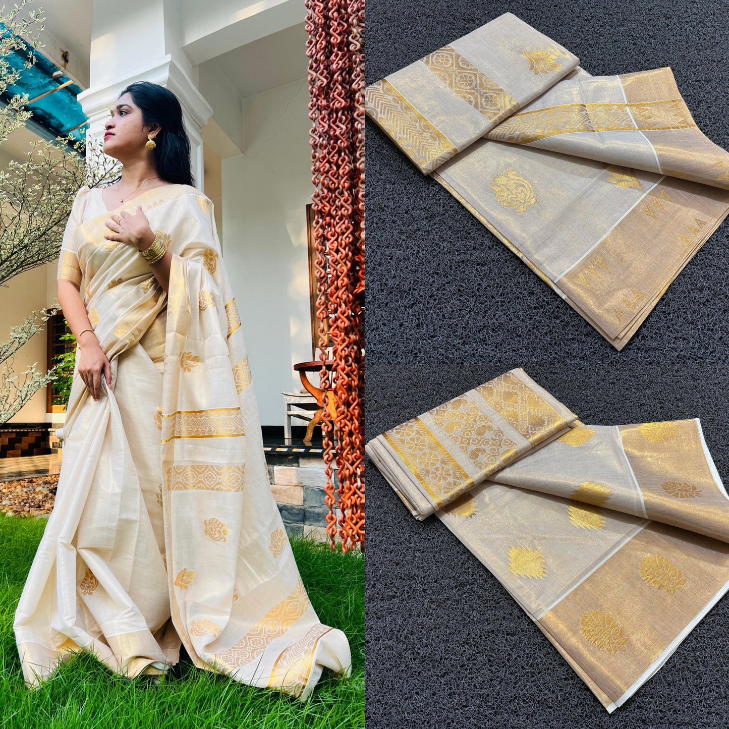 Kerala Traditional Premium golden tissue jacquard weave work with Tussels Saree with Stitched Blouse or with Blouse Material only