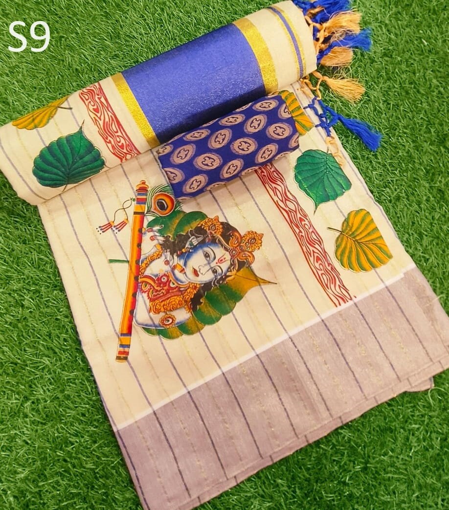 Kerala Traditional Golden Tissue Kunchalam Saree with lines with stitched Blouse or Blouse Material / Indian Saree, Kerala Saree