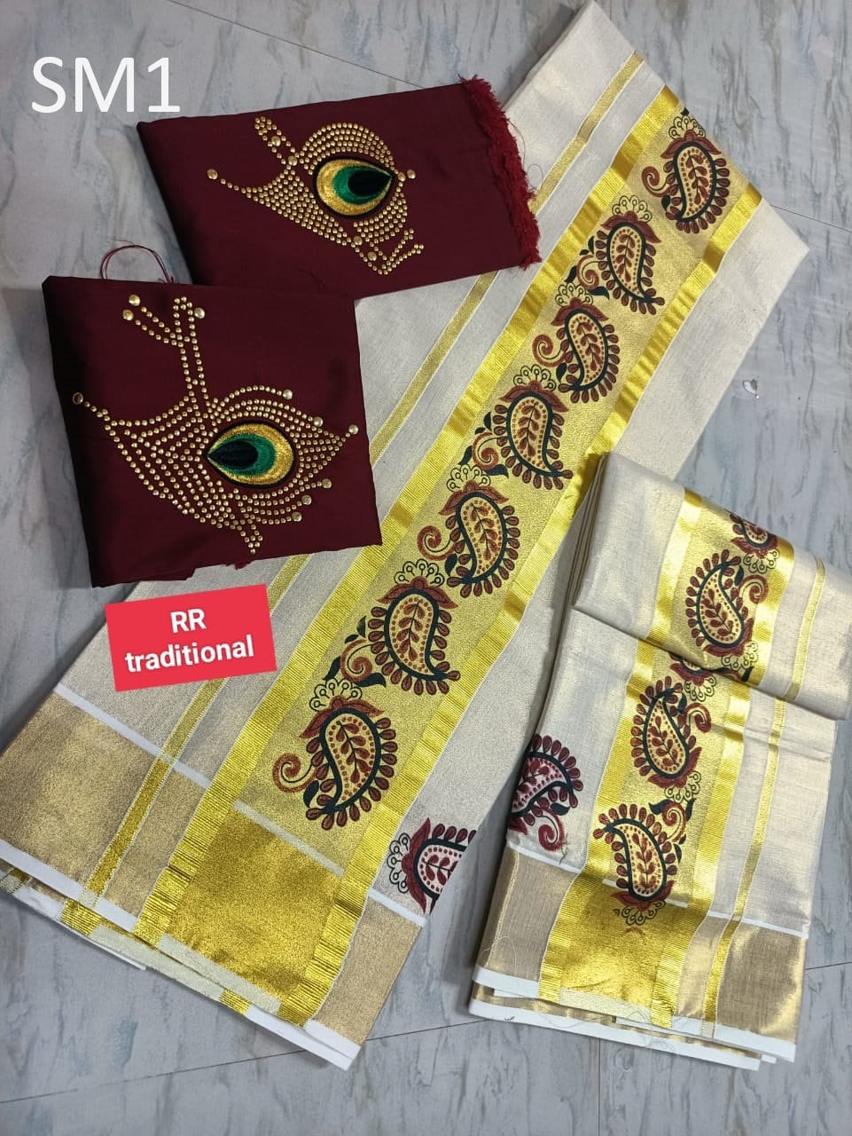Kerala Special Tissue Printed Set Mundu 2.80 With Stitched Blouse or Blouse Material,Beautiful Kerala Designs,Onam,Vishu,Pooja.