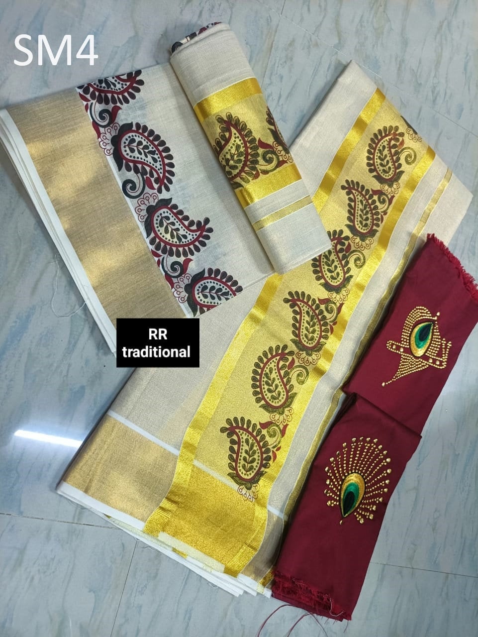Kerala Special Tissue Printed Set Mundu 2.80 With Stitched Blouse or Blouse Material,Beautiful Kerala Designs,Onam,Vishu,Pooja.