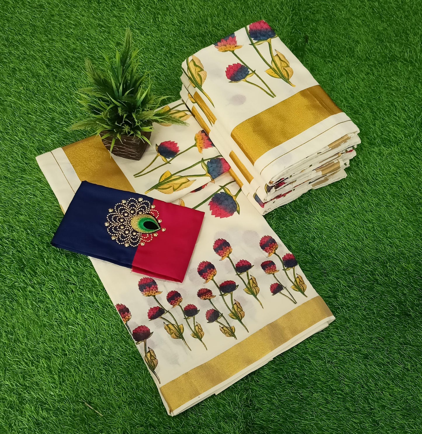 Kerala Vadamali Amaranth flower Cotton saree dual tone work blouse material or ready to wear blouse Kerala floral print Onam,vishu,Festival