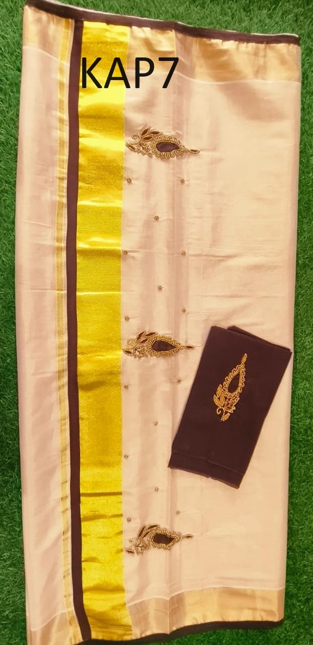 Kerala Golden Tissue Piping Hand Work Set Sarees.6.25+1 Mtr Blouse,Kerala Saree,Vishu,Onam,Handmade Designs,Traditional, Occassions Wear