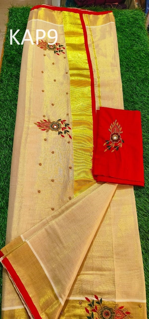 Kerala Golden Tissue Piping Hand Work Set Sarees.6.25+1 Mtr Blouse,Kerala Saree,Vishu,Onam,Handmade Designs,Traditional, Occassions Wear
