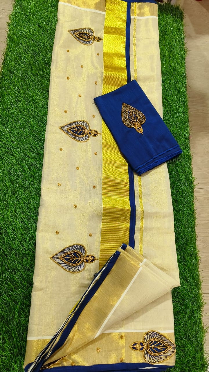 Kerala Golden Tissue Piping Hand Work Set Sarees.6.25+1 Mtr Blouse,Kerala Saree,Vishu,Onam,Handmade Designs,Traditional, Occassions Wear