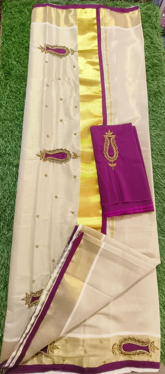 Kerala Golden Tissue Piping Hand Work Set Sarees.6.25+1 Mtr Blouse,Kerala Saree,Vishu,Onam,Handmade Designs,Traditional, Occassions Wear