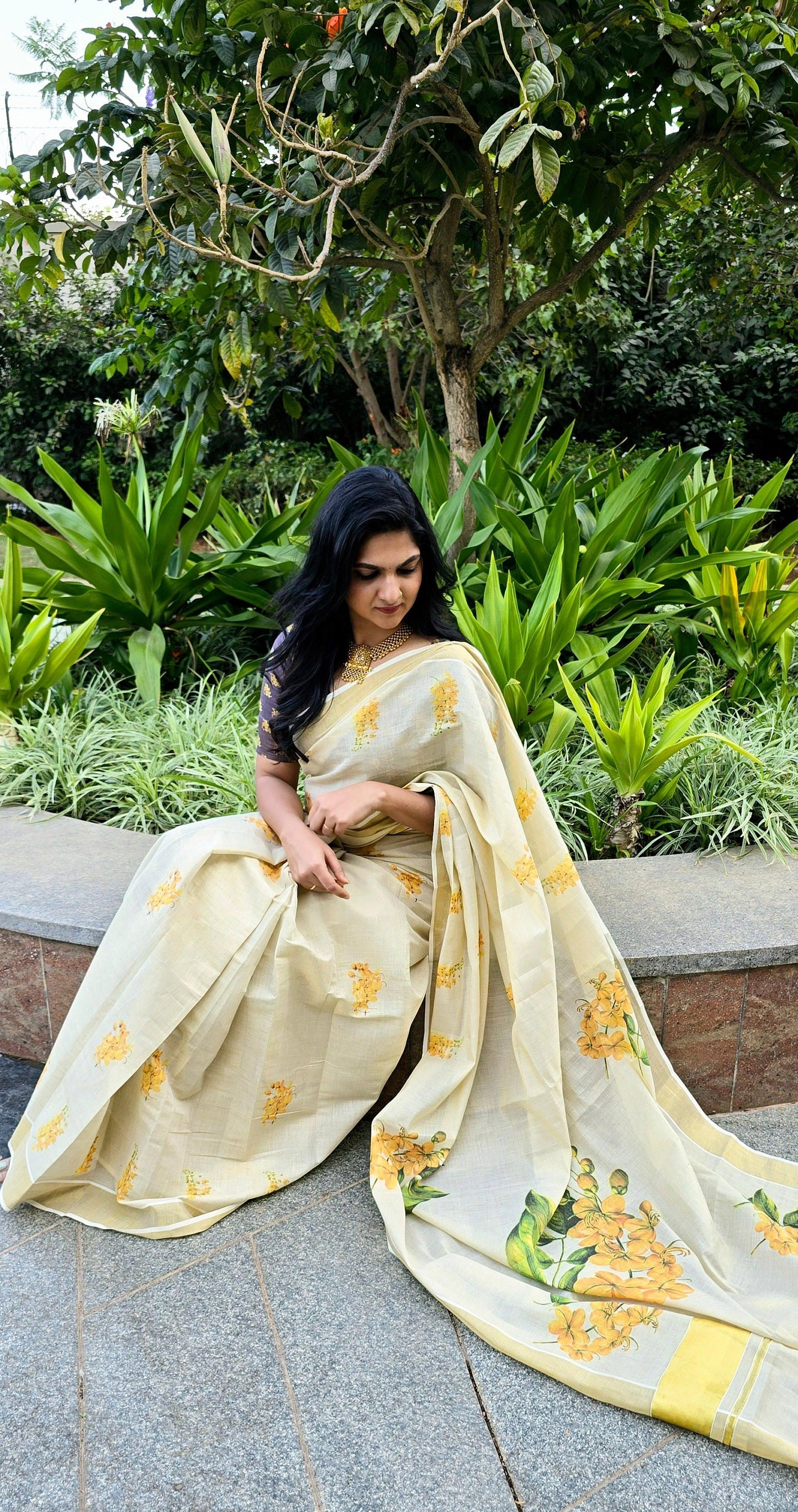 Kerala Digital Flower Print Golden Tissue Ready to wear saree 6.25 mtr, Kerala Saree,Vishu saree,Onam,Marriage,party and other occasion etc