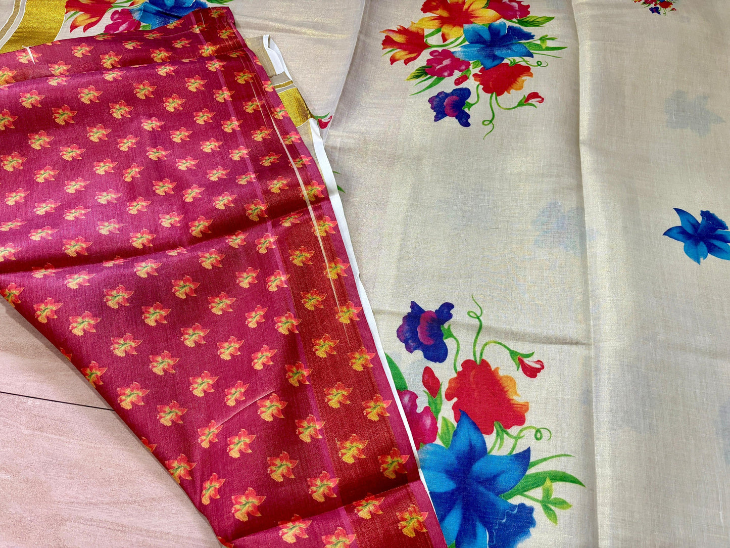Kerala Digital Flower Print Golden Tissue Ready to wear saree 6.25 mtr, Kerala Saree,Vishu saree,Onam,Marriage,party and other occasion etc