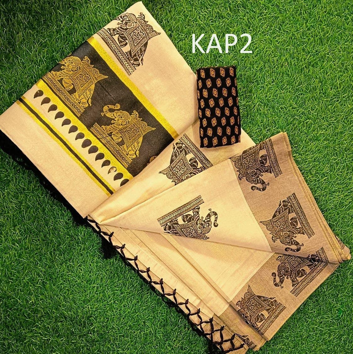 Kerala Traditional Golden Tissue Kunchalam Elephant print Saree with stitched Blouse or Blouse Material Indian Saree Onam,vishu,Festival