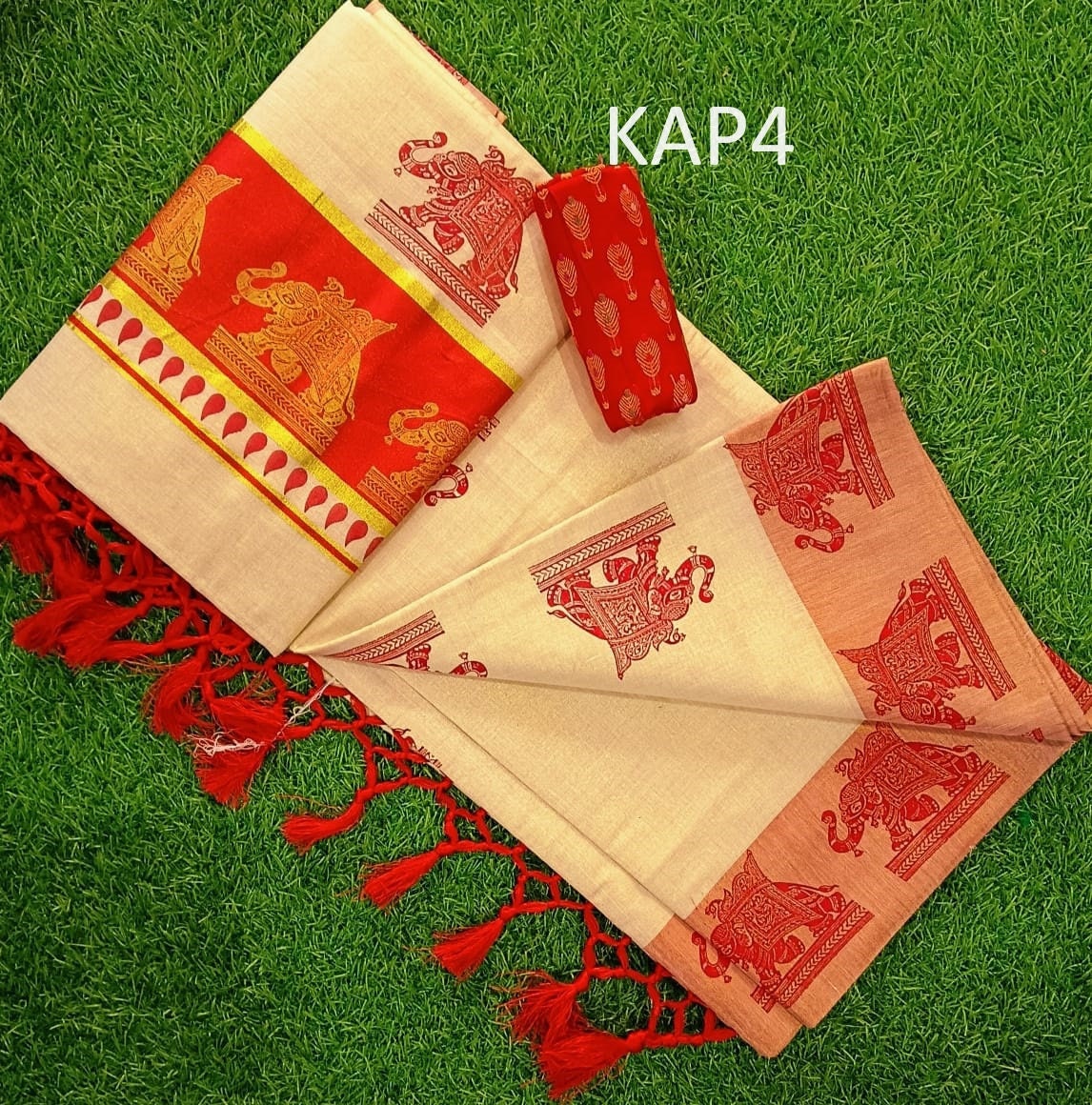 Kerala Traditional Golden Tissue Kunchalam Elephant print Saree with stitched Blouse or Blouse Material Indian Saree Onam,vishu,Festival