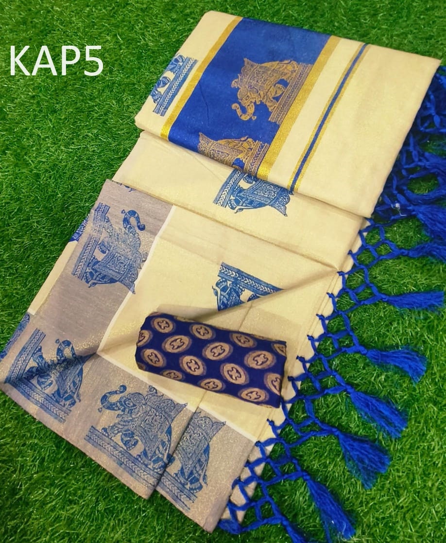 Kerala Traditional Golden Tissue Kunchalam Elephant print Saree with stitched Blouse or Blouse Material Indian Saree Onam,vishu,Festival